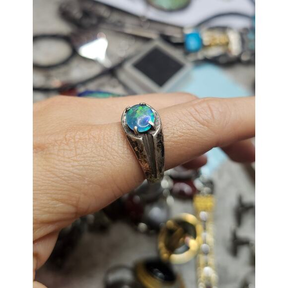 Vintage Fiery Opal Triplet Sterling Silver Unisex Ring Size 9.25 - Picture 7 of 8